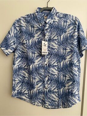 Report Collection Blue & White Tropical Print Short-Sleeve Button-Down Shirt